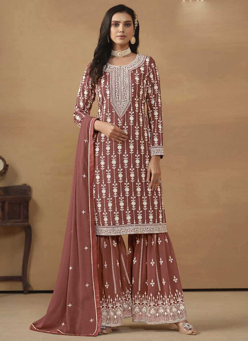 Vegaa Fashion Designer Brown Faux Georgette Embroidery Sharara Suit