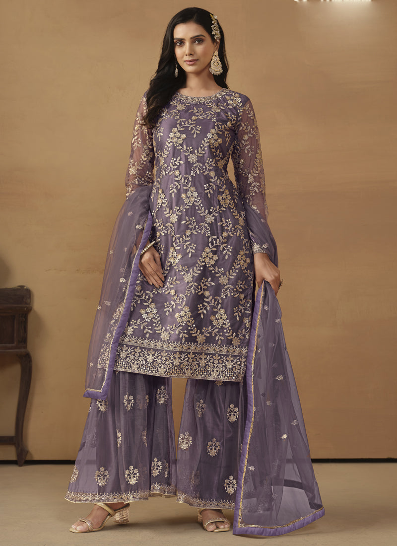 Vegaa Fashion Purple Net Embroidered Sharara Suit