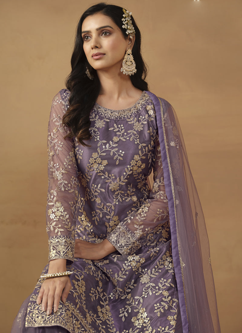 Vegaa Fashion Purple Net Embroidered Sharara Suit