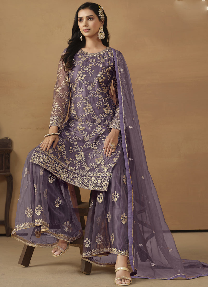 Vegaa Fashion Purple Net Embroidered Sharara Suit
