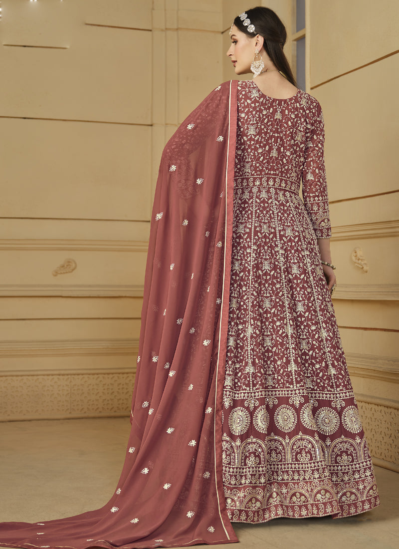 Vegaa Fashion Designer Dark Peach Faux Georgette Embroidery Anarkali Suit