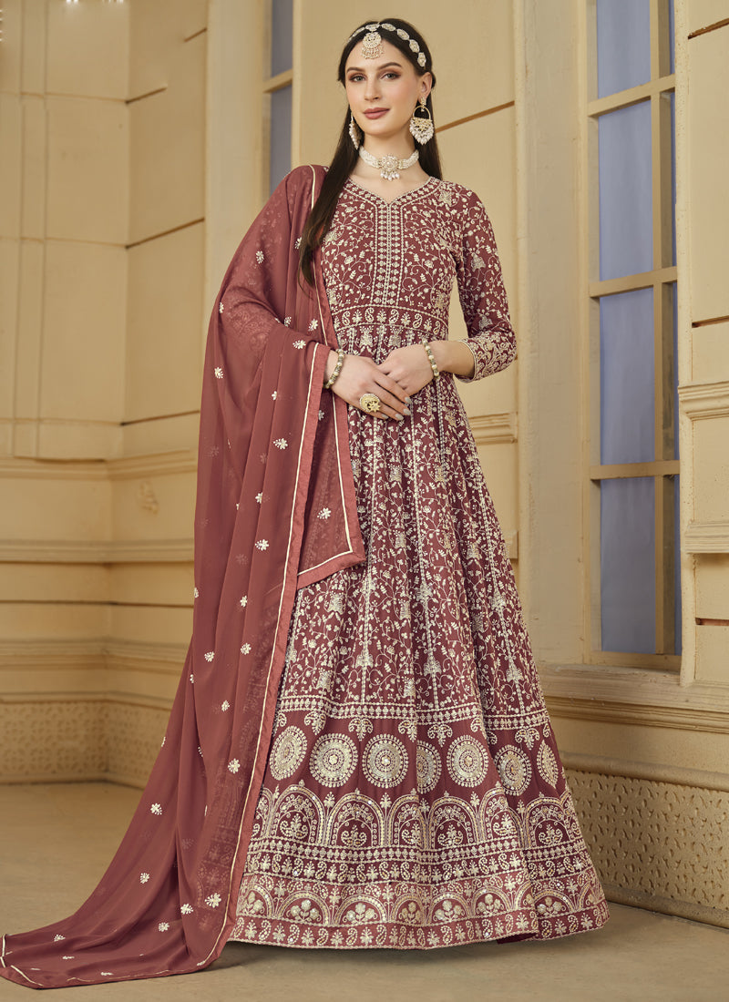 Vegaa Fashion Designer Dark Peach Faux Georgette Embroidery Anarkali Suit
