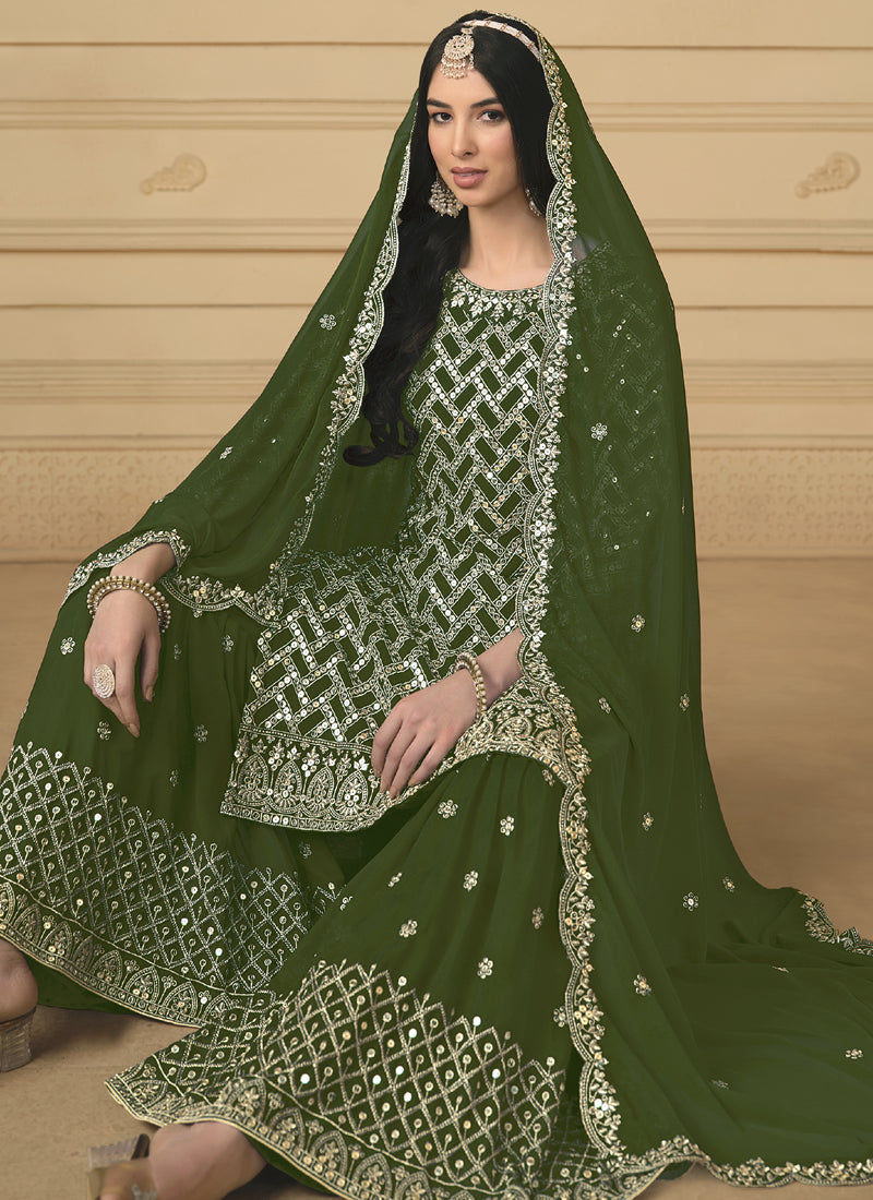 Vegaa Fashion Designer Mehendi Faux Georgette Embroidery Sharara Suit
