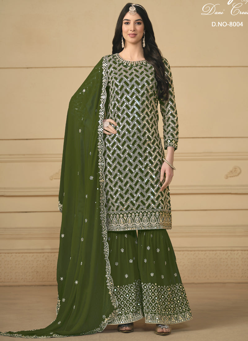 Vegaa Fashion Designer Mehendi Faux Georgette Embroidery Sharara Suit