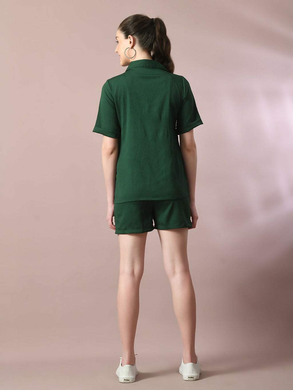 Myshka Women's Green Solid Shirt Collar Party Shirt With Shorts Co-ord set