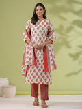 Janasya Regular Poly Cotton Cream Ethnic Motifs Notch Neck Set