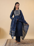 Janasya Straight Magics Slub Blue Embroidered Round Neck Kurta,Bottom & Dupatta