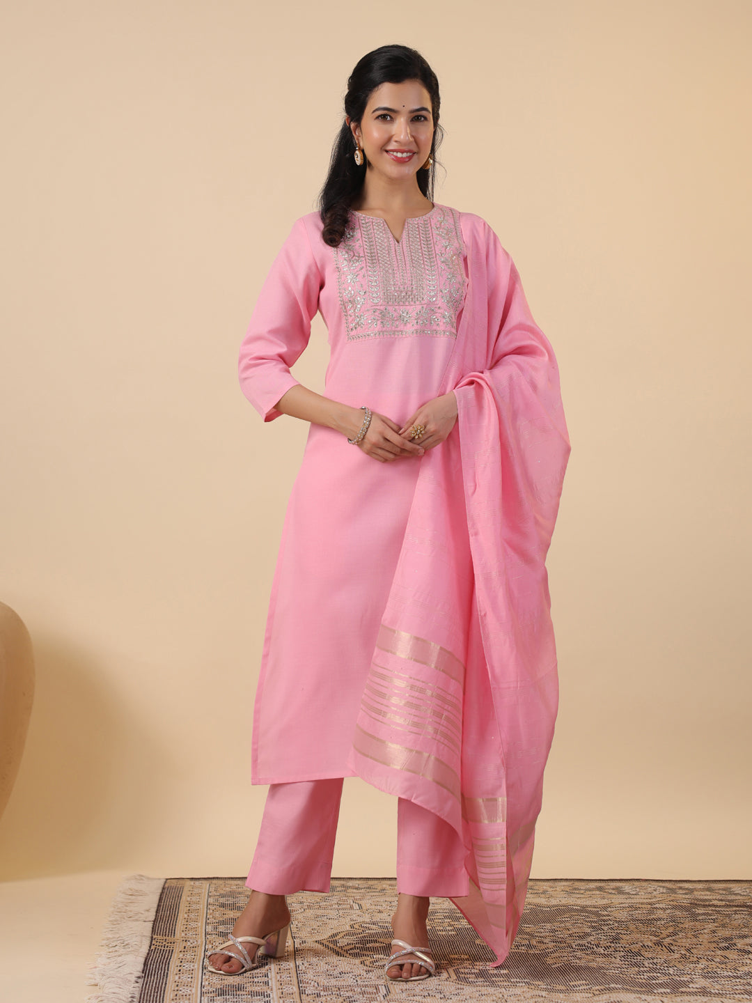 Janasya Straight Magics Slub Pink Embroidered Notch Neck Kurta,Bottom & Dupatta