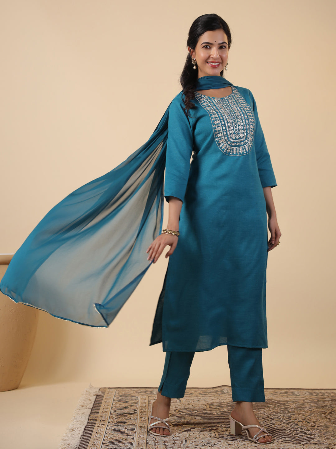 Janasya Straight Magics Slub Teal Embroidered Round Neck Kurta,Bottom & Dupatta