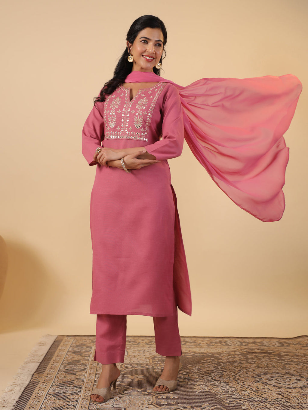 Janasya Straight Magics Slub Pink Embroidered Notch Neck Kurta,Bottom & Dupatta