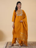 Janasya Regular Magics Slub Mustard Embroidered Round Neck Kurta,Bottom & Dupatta