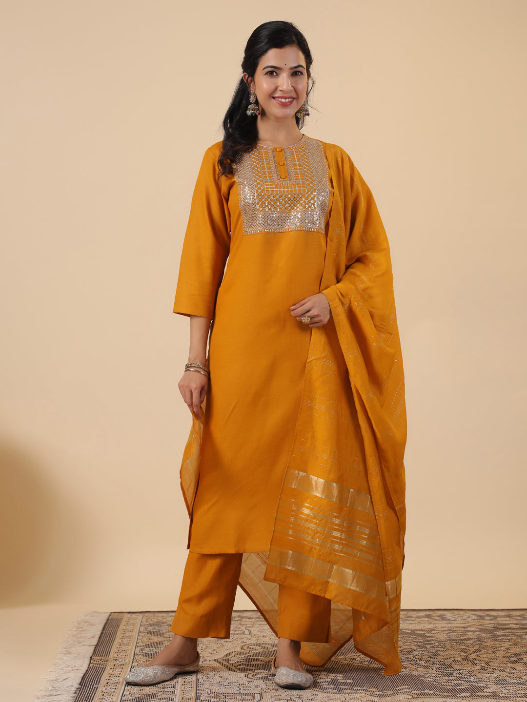 Janasya Regular Magics Slub Mustard Embroidered Round Neck Kurta,Bottom & Dupatta