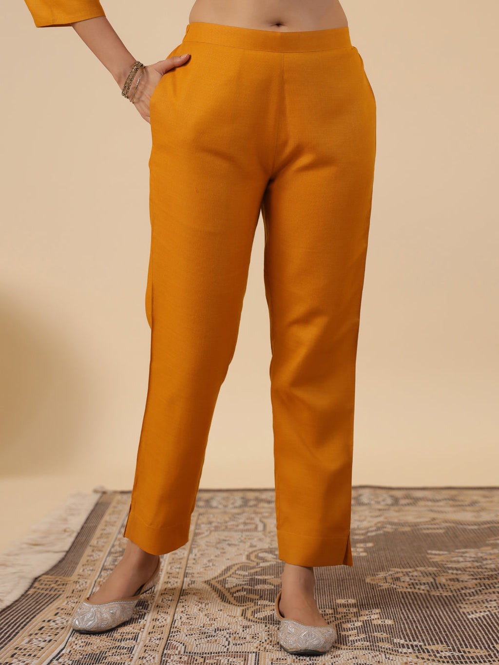 Janasya Regular Magics Slub Mustard Embroidered Round Neck Kurta,Bottom & Dupatta
