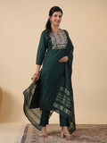 Janasya Straight Magics Slub Dark Green Yoke Embroidery Notch Neck Kurta,Bottom & Dupatta