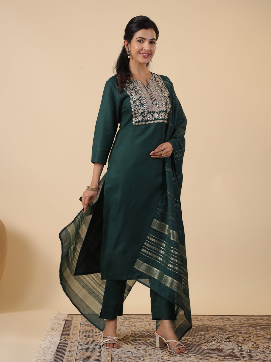 Janasya Straight Magics Slub Dark Green Yoke Embroidery Notch Neck Kurta,Bottom & Dupatta