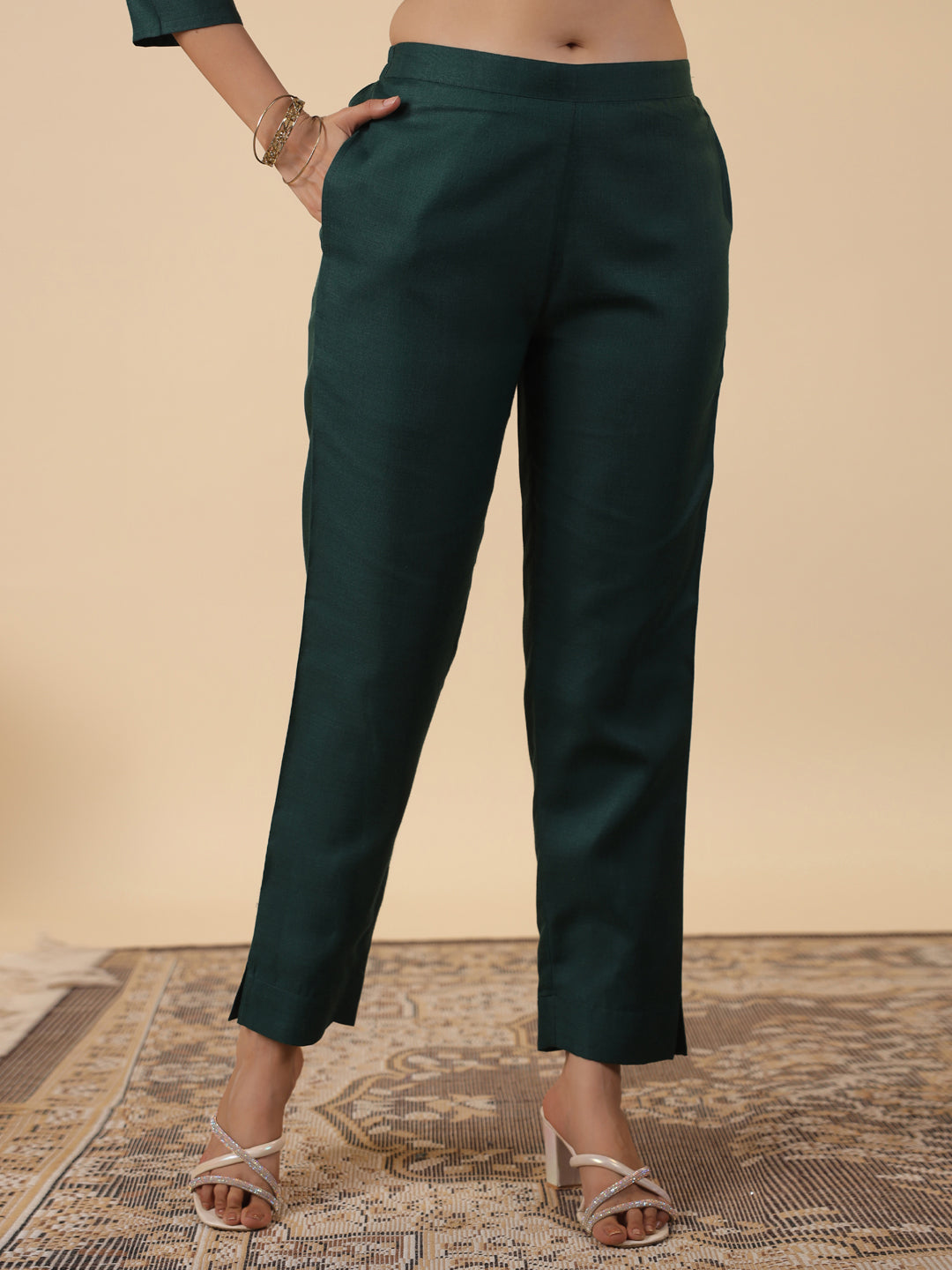 Janasya Straight Magics Slub Dark Green Yoke Embroidery Notch Neck Kurta,Bottom & Dupatta