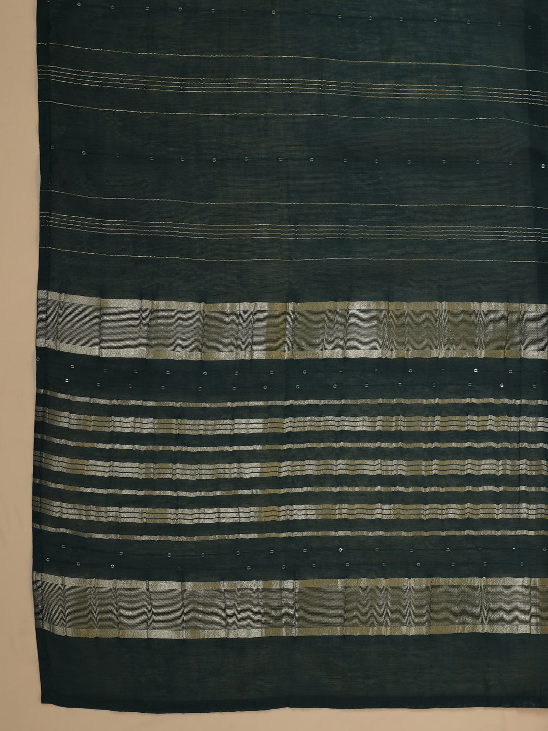 Janasya Straight Magics Slub Dark Green Yoke Embroidery Notch Neck Kurta,Bottom & Dupatta