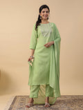 Janasya Straight Magics Slub Green Embroidered Round Neck Kurta,Bottom & Dupatta