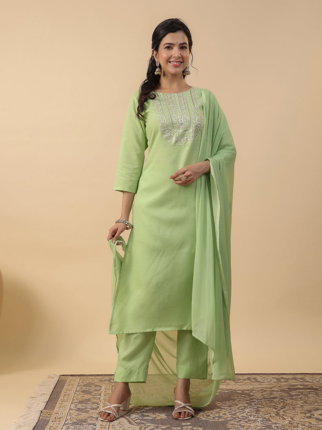 Janasya Straight Magics Slub Green Embroidered Round Neck Kurta,Bottom & Dupatta