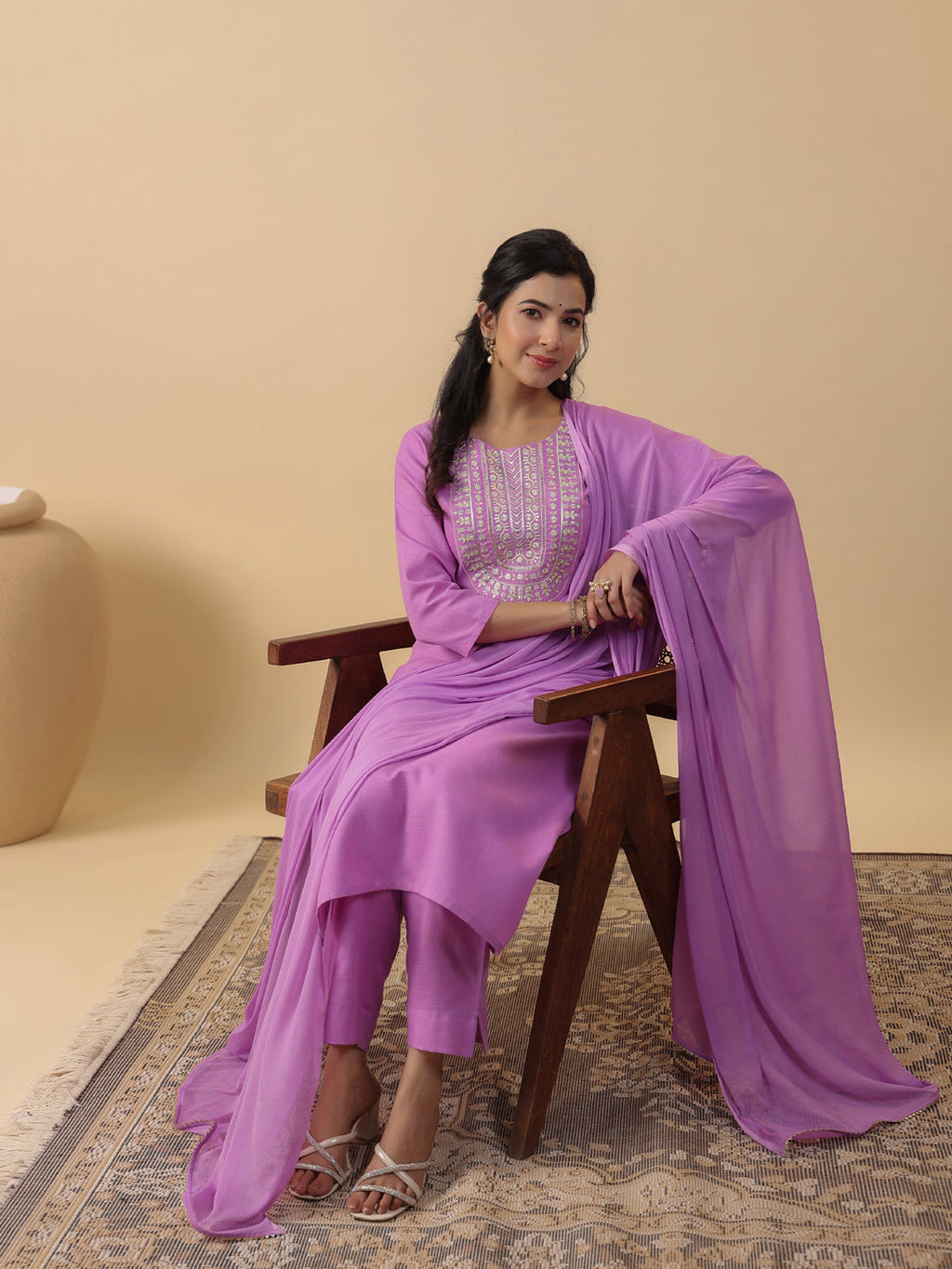 Janasya Straight Magics Slub Lavender Embroidered Round Neck Kurta,Bottom & Dupatta