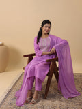 Janasya Straight Magics Slub Lavender Embroidered Round Neck Kurta,Bottom & Dupatta