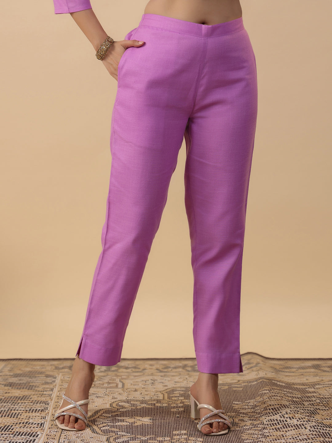 Janasya Straight Magics Slub Lavender Embroidered Round Neck Kurta,Bottom & Dupatta