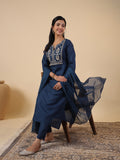 Janasya Straight Magics Slub Navy Blue Embroidered Notch Neck Kurta,Bottom & Dupatta