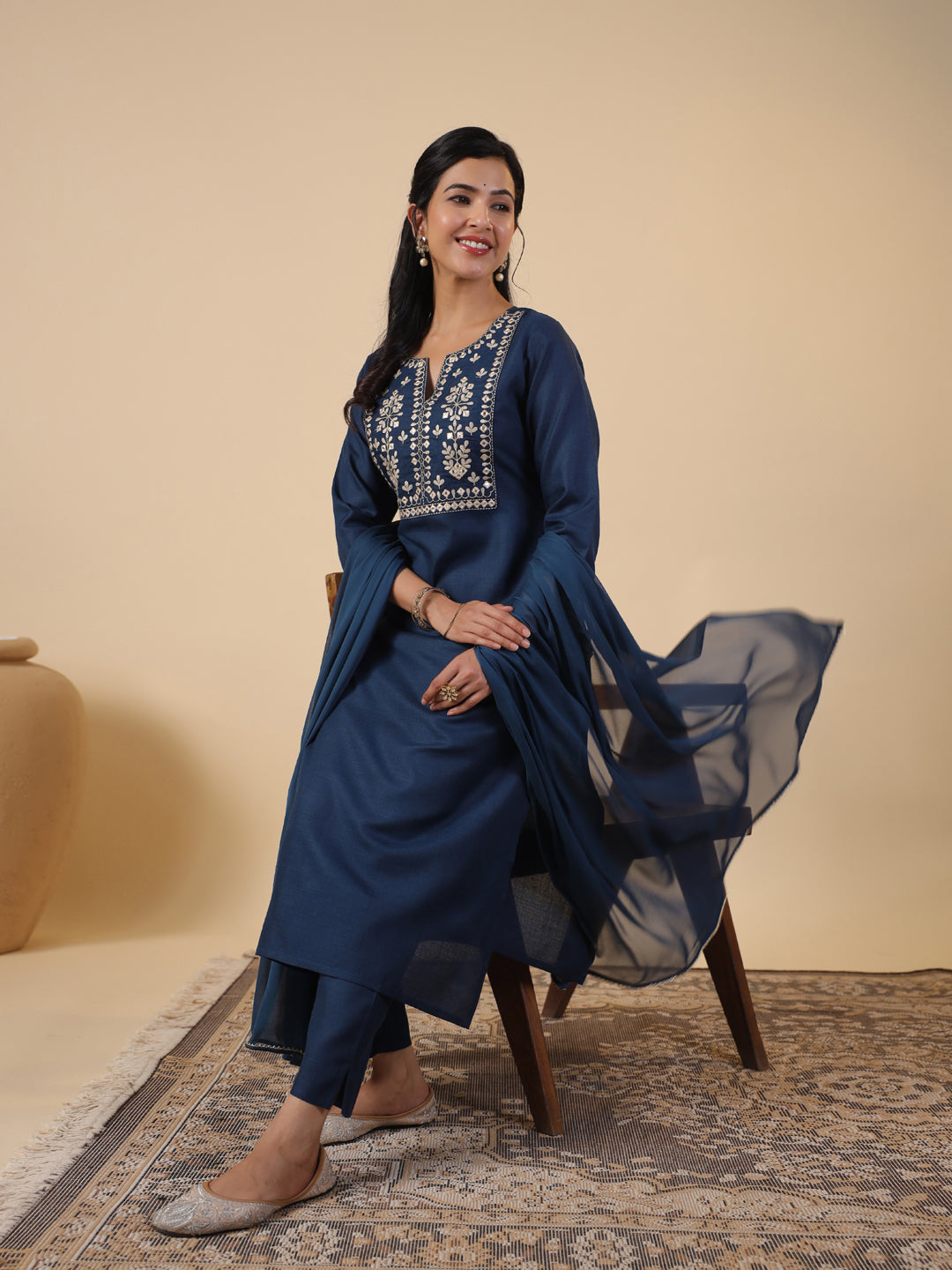 Janasya Straight Magics Slub Navy Blue Embroidered Notch Neck Kurta,Bottom & Dupatta