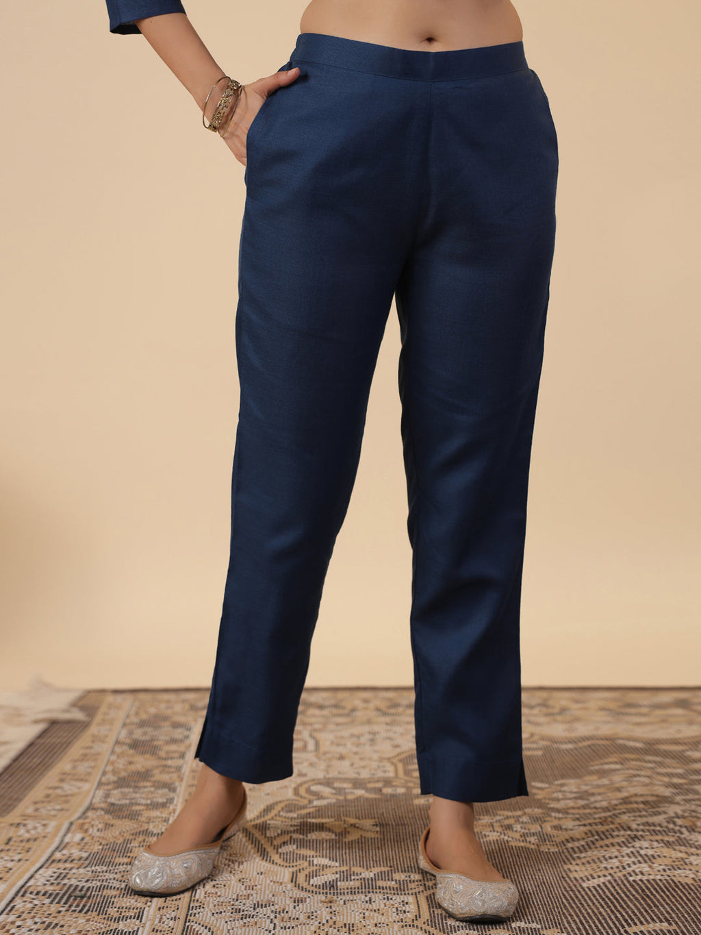 Janasya Straight Magics Slub Navy Blue Embroidered Notch Neck Kurta,Bottom & Dupatta