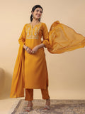 Janasya Straight Magics Slub Mustard Embroidered Notch Neck Kurta,Bottom & Dupatta