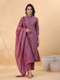 Janasya Regular Poly Cotton Purple Printed Shirt Collar Kurta,Bottom & Dupatta