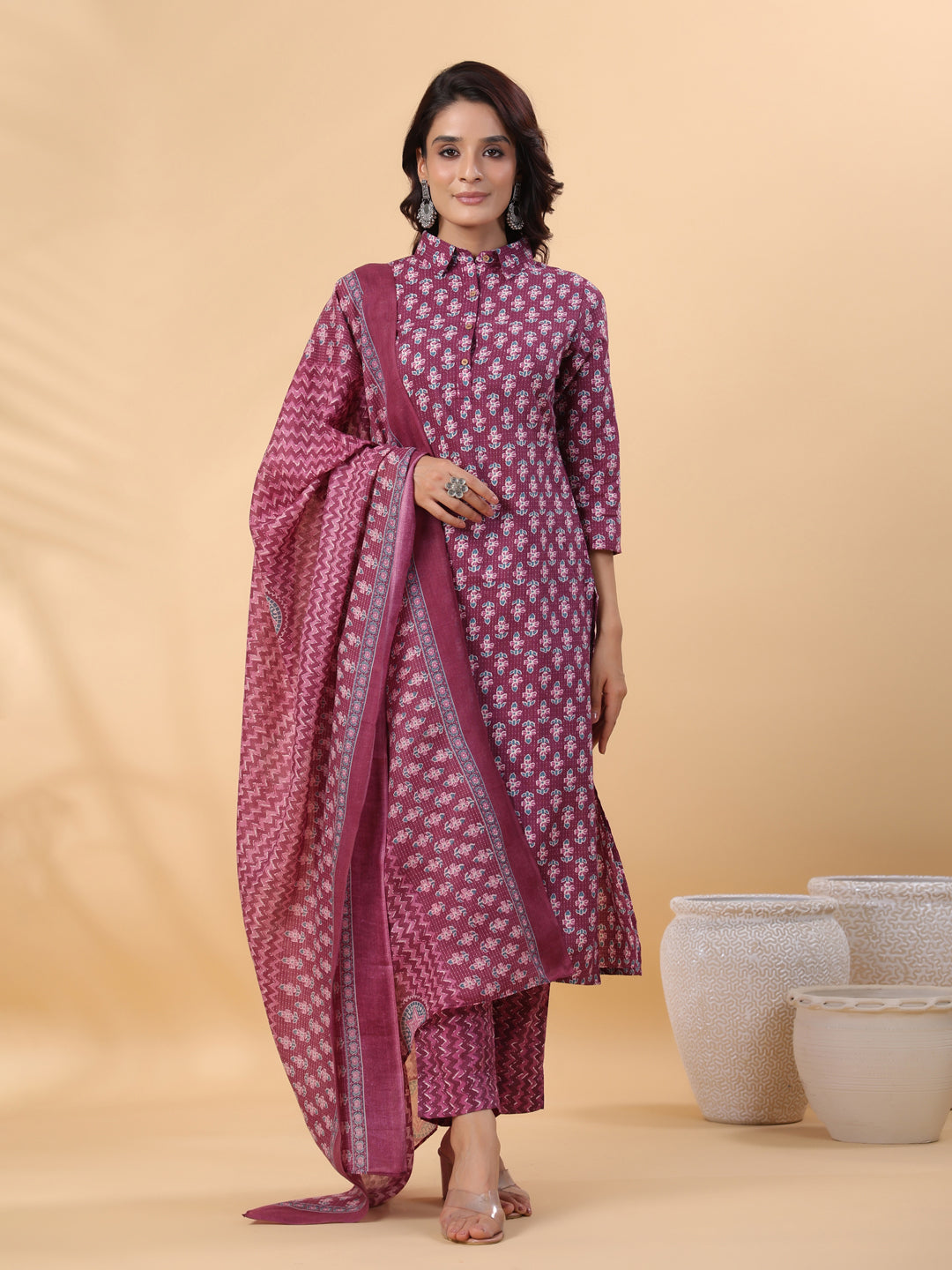 Janasya Regular Poly Cotton Purple Printed Shirt Collar Kurta,Bottom & Dupatta