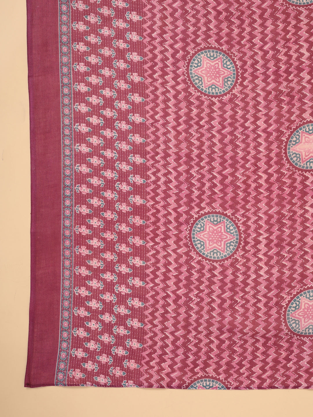 Janasya Regular Poly Cotton Purple Printed Shirt Collar Kurta,Bottom & Dupatta