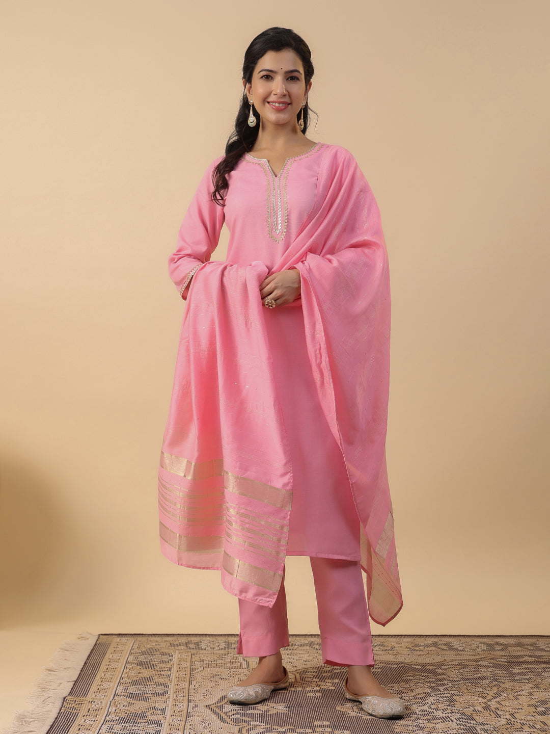 Janasya Regular Magics Slub Baby Pink Solid Notch Neck Kurta,Bottom & Dupatta