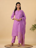 Janasya Regular Magics Slub Lavender Solid Notch Neck Kurta,Bottom & Dupatta
