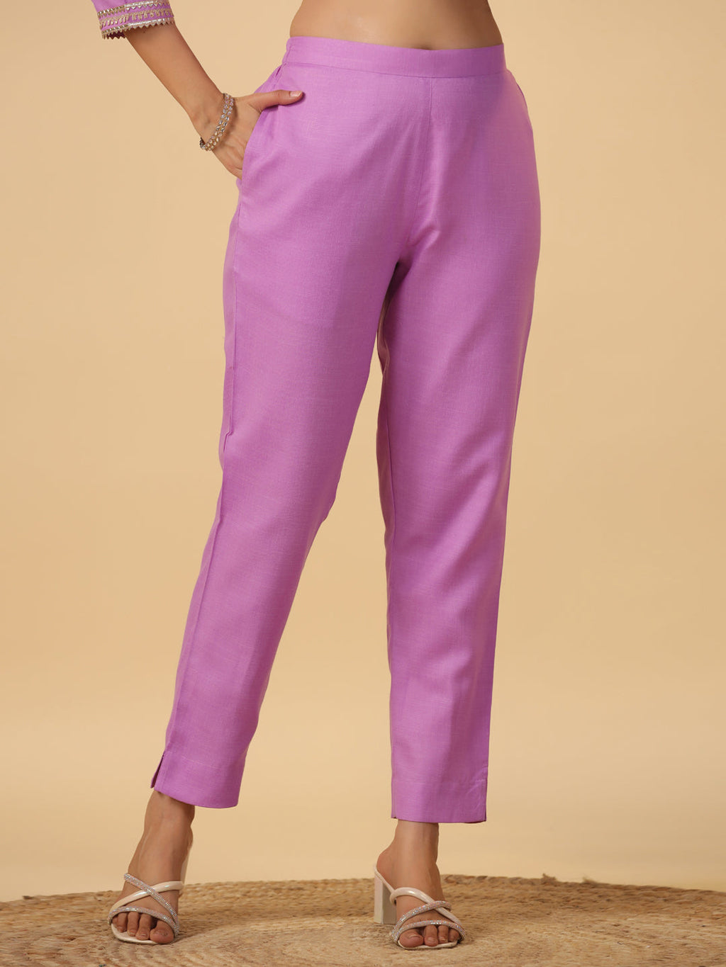 Janasya Regular Magics Slub Lavender Solid Notch Neck Kurta,Bottom & Dupatta
