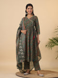 Janasya Angrakha Poly Cotton Green Gemometric V-Neck Kurta Set