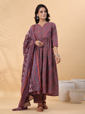 Janasya A-Line Cotton Blend Wine Abstract Round Neck Kurta,Bottom & Dupatta