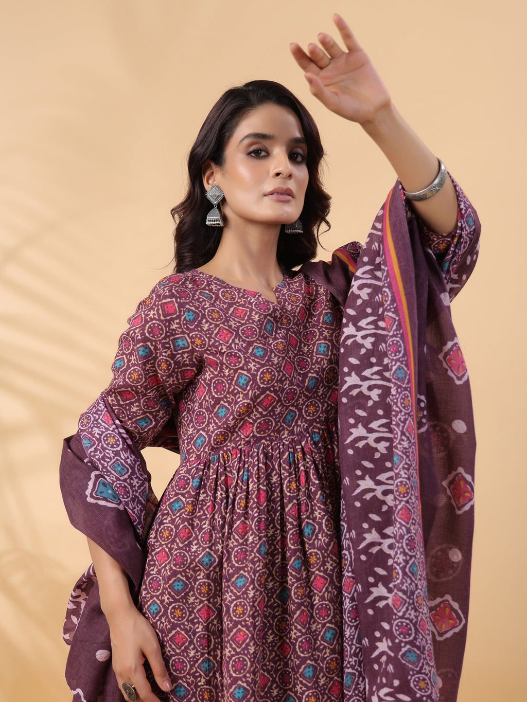 Janasya A-Line Cotton Blend Wine Abstract Round Neck Kurta,Bottom & Dupatta