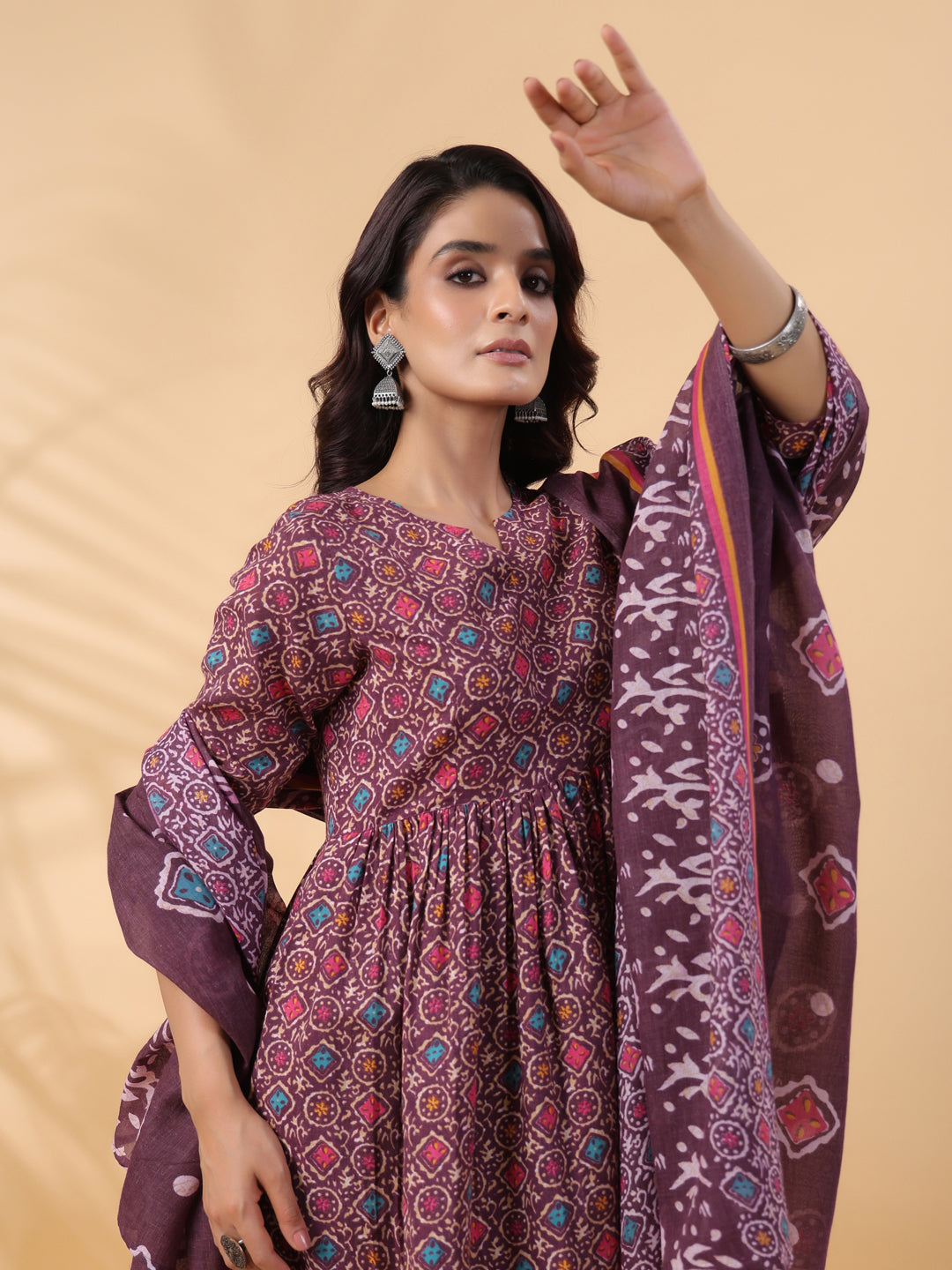 Janasya A-Line Cotton Blend Wine Abstract Round Neck Kurta,Bottom & Dupatta