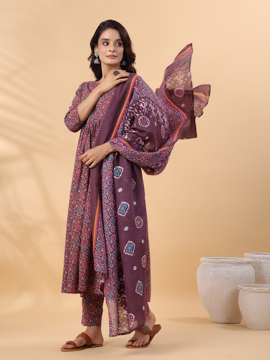 Janasya A-Line Cotton Blend Wine Abstract Round Neck Kurta,Bottom & Dupatta