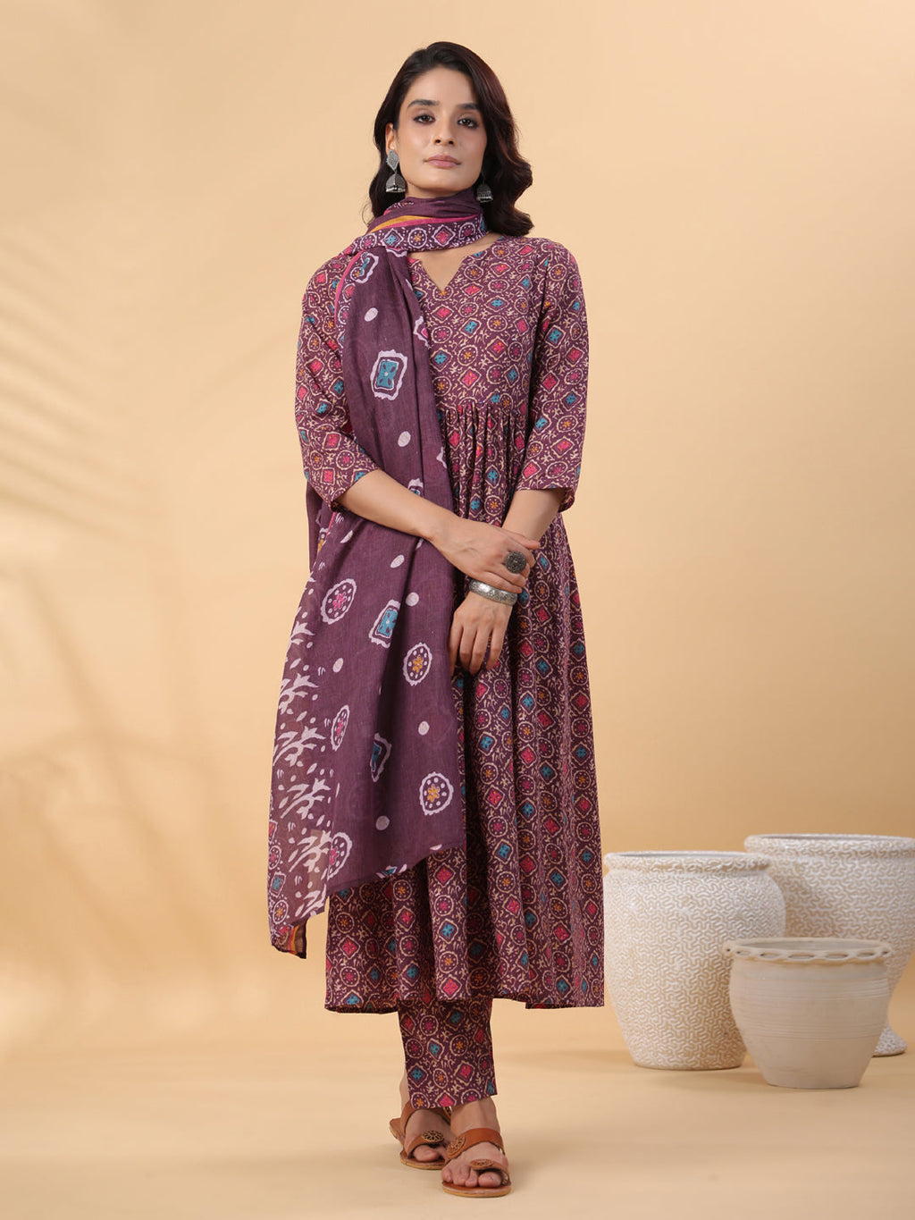 Janasya A-Line Cotton Blend Wine Abstract Round Neck Kurta,Bottom & Dupatta