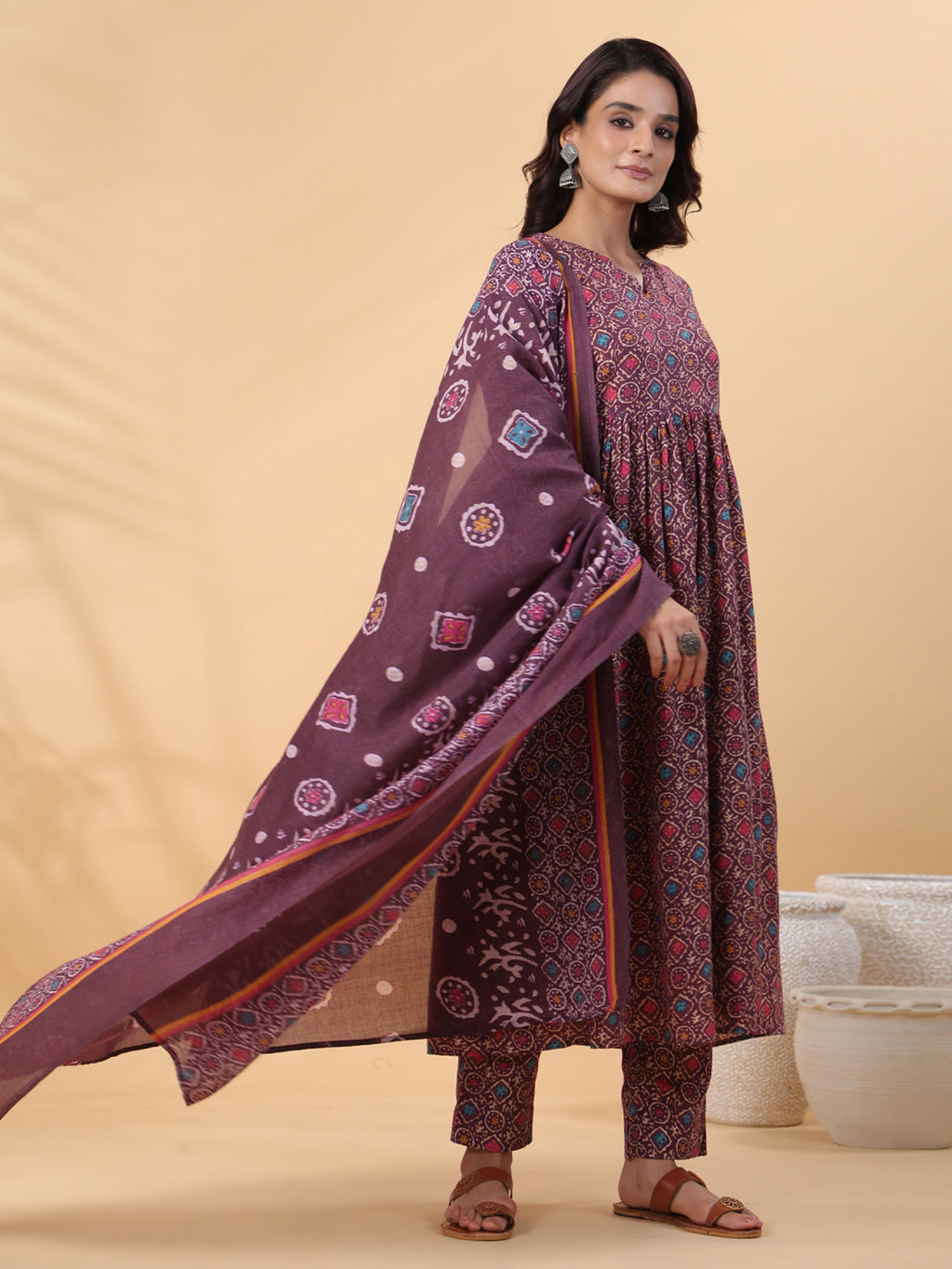 Janasya A-Line Cotton Blend Wine Abstract Round Neck Kurta,Bottom & Dupatta