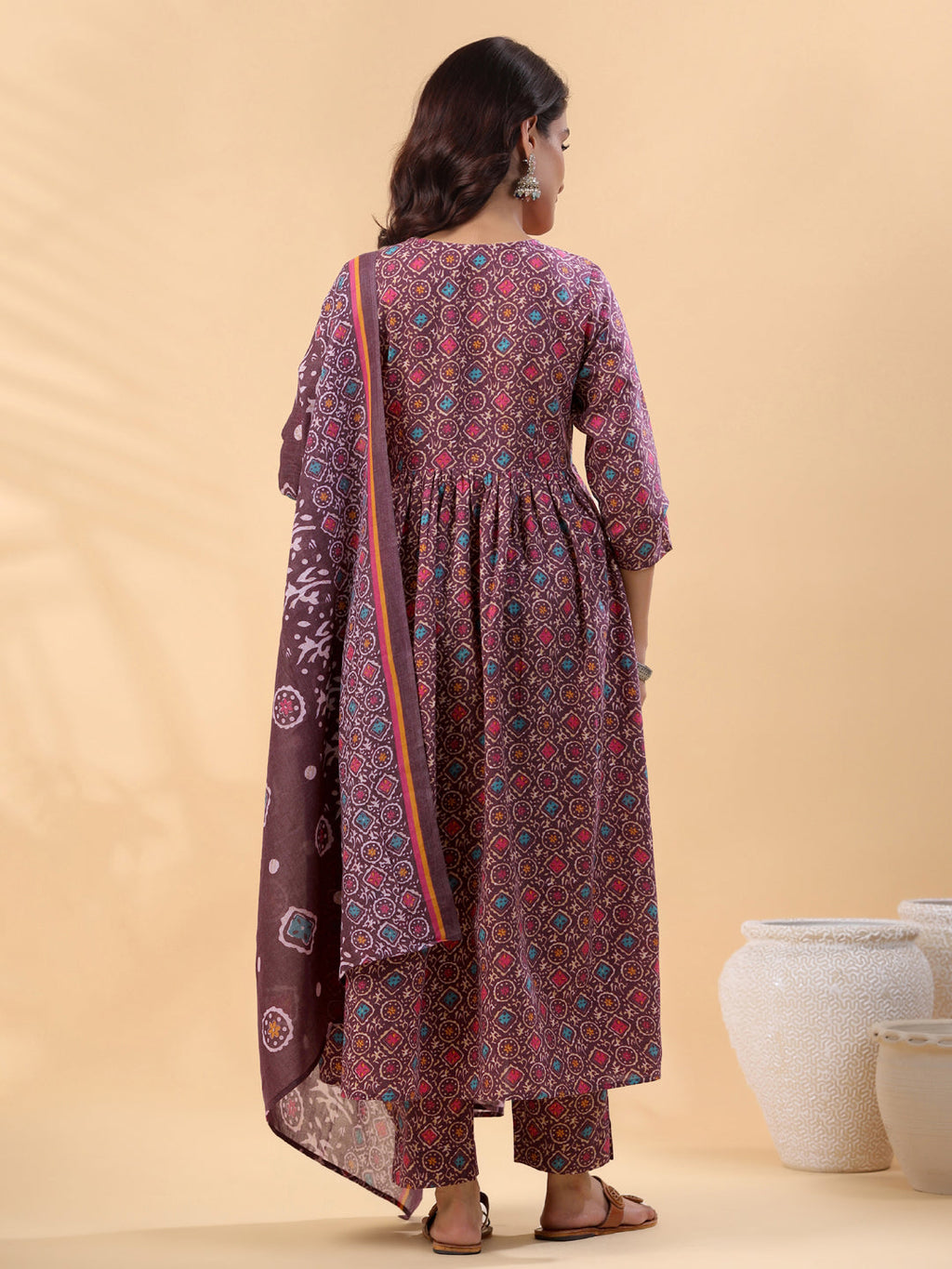Janasya A-Line Cotton Blend Wine Abstract Round Neck Kurta,Bottom & Dupatta