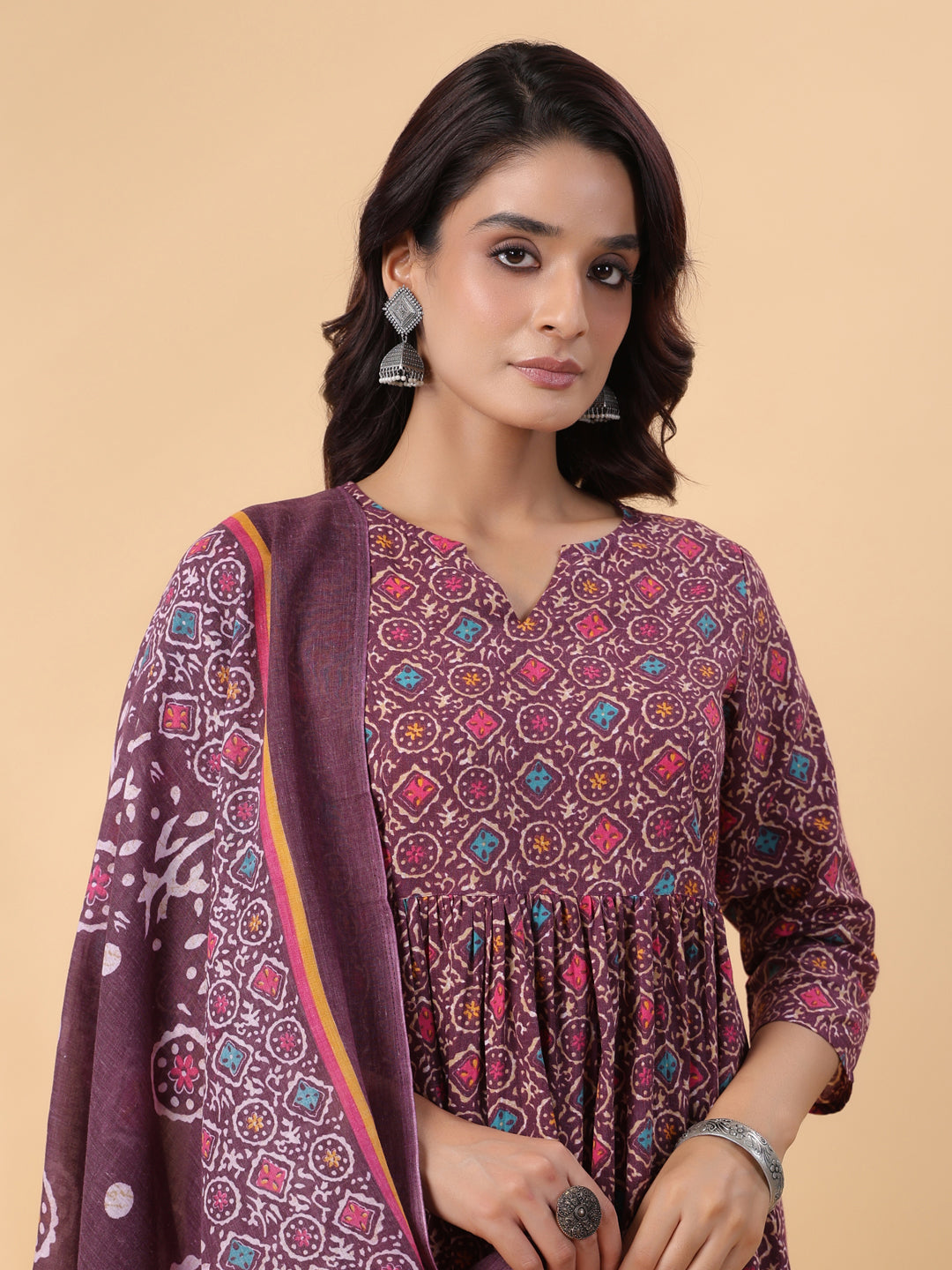 Janasya A-Line Cotton Blend Wine Abstract Round Neck Kurta,Bottom & Dupatta