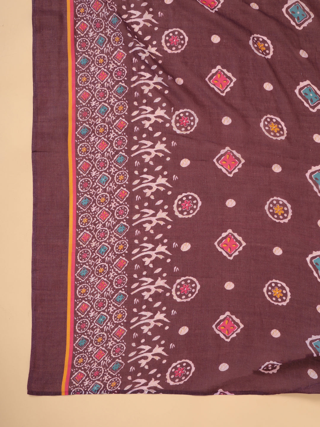 Janasya A-Line Cotton Blend Wine Abstract Round Neck Kurta,Bottom & Dupatta