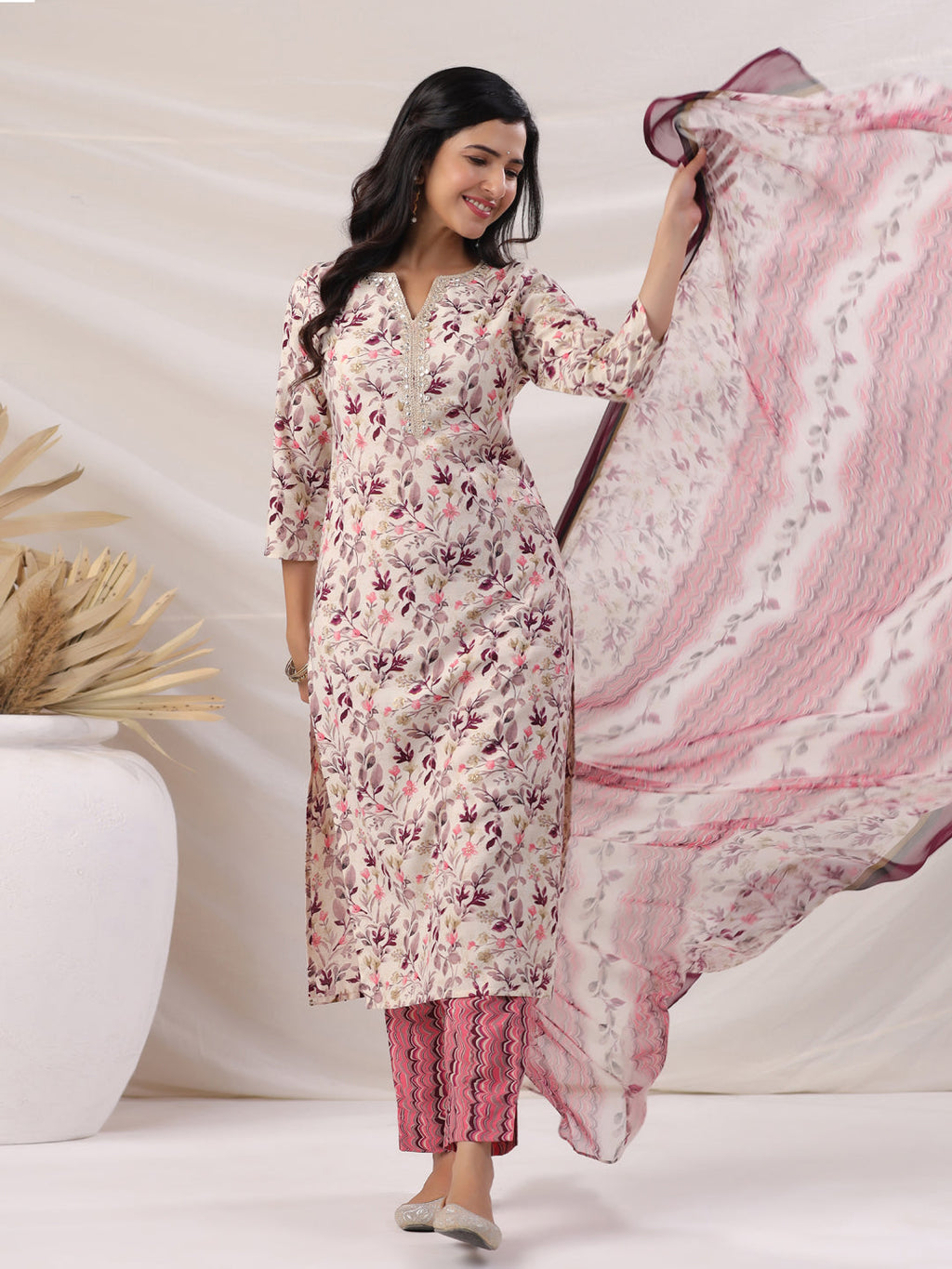 Janasya Straight Biscuit Slub Beige Floral Notch Neck Kurta,Bottom & Dupatta