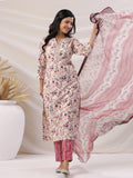 Janasya Straight Biscuit Slub Beige Floral Notch Neck Kurta,Bottom & Dupatta