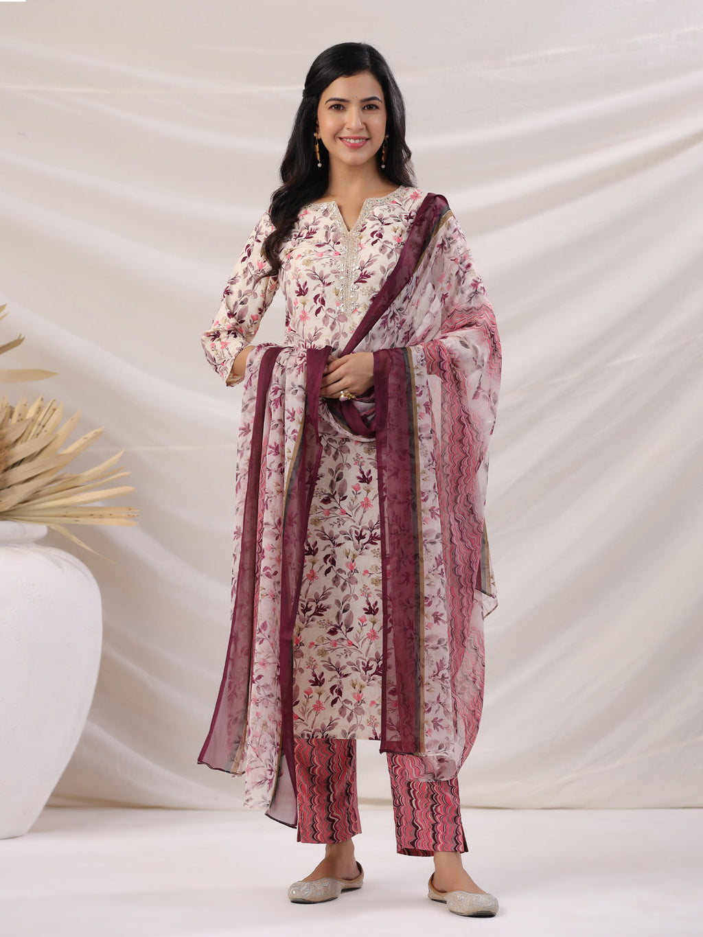 Janasya Straight Biscuit Slub Beige Floral Notch Neck Kurta,Bottom & Dupatta