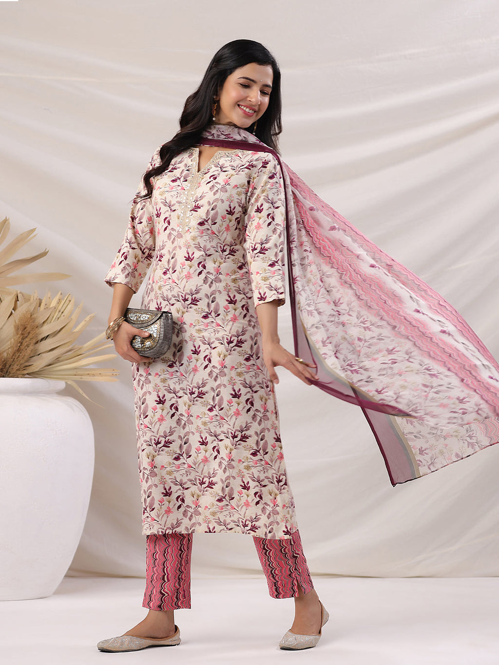 Janasya Straight Biscuit Slub Beige Floral Notch Neck Kurta,Bottom & Dupatta